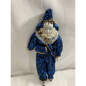 Vintage Porcelain Clown Doll Blue Harlequin 10" Figure Display Decor